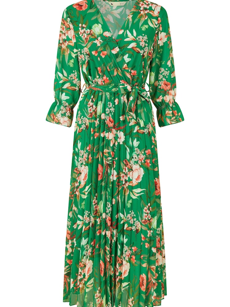 Yumi Green Floral Print Midi Wrap Dress With Pleated Skirt - Image 5 of 5 Yumi Green Floral Print Midi Wrap Dress With Pleated Skirt - Image 5 of 5
