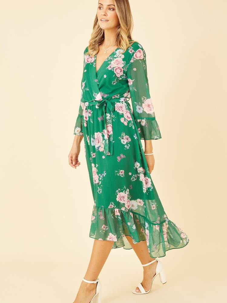 Yumi Green Multi Floral Wrap Dress With Dipped Hem - Image 1 of 5 Yumi Green Multi Floral Wrap Dress With Dipped Hem - Image 1 of 5
