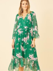 Grün Mehrfarbig - Yumi Wickelkleid mit Blumenprint und verlängertem Saum hinten - Bild 2 von 5