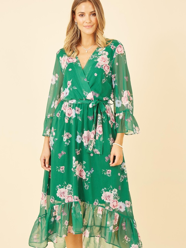 Yumi Green Multi Floral Wrap Dress With Dipped Hem - Image 2 of 5 Yumi Green Multi Floral Wrap Dress With Dipped Hem - Image 2 of 5