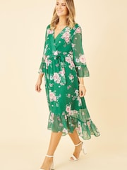 Grün Mehrfarbig - Yumi Wickelkleid mit Blumenprint und verlängertem Saum hinten - Bild 3 von 5