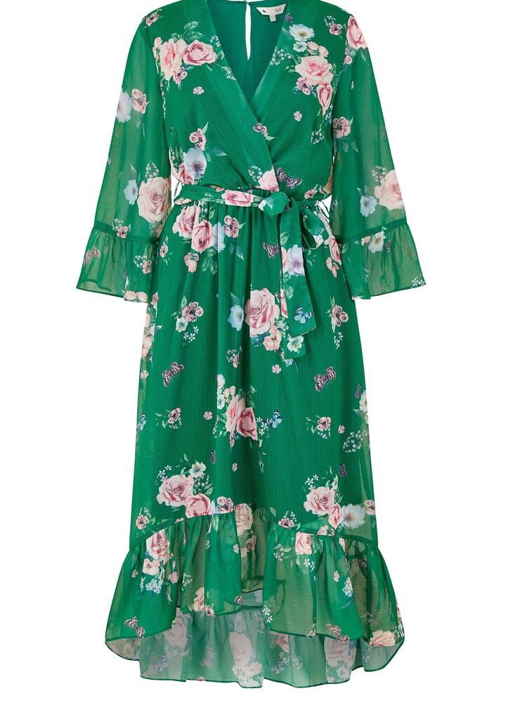 Yumi Green Multi Floral Wrap Dress With Dipped Hem - Image 5 of 5 Yumi Green Multi Floral Wrap Dress With Dipped Hem - Image 5 of 5