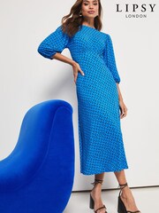 Lipsy Cyan Blue Spot Petite Jersey Puff Short Sleeve Underbust Summer Midi Dress - Image 1 of 4