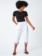Roman White Contrast Detail Cropped Stretch Trousers - Image 1 of 5
