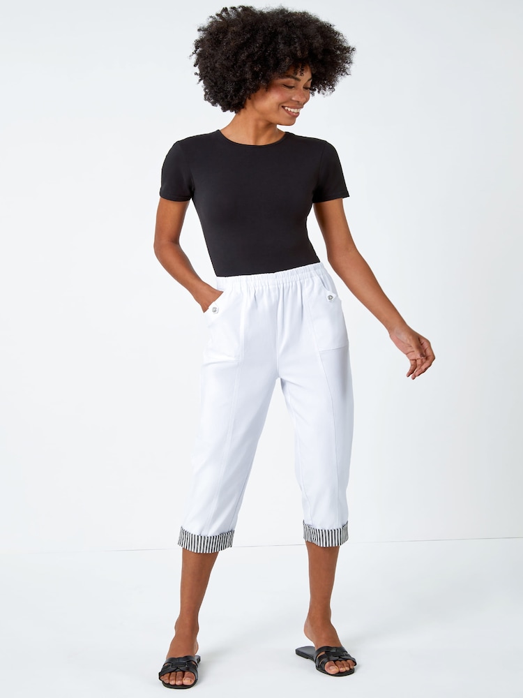 Roman White Contrast Detail Cropped Stretch Trousers - Image 1 of 5