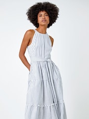 Roman Blue & White Tiered Cotton Halter Neck Stripe Dress - Image 1 of 5