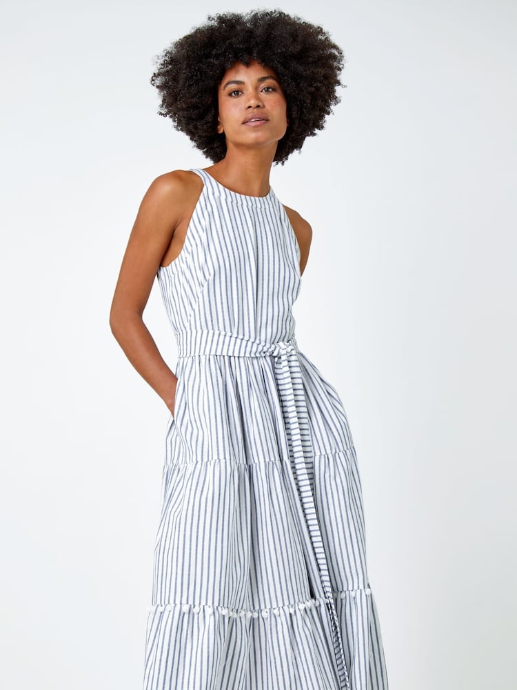 Roman Blue & White Tiered Cotton Halter Neck Stripe Dress - Image 1 of 5