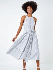 Roman Blue & White Tiered Cotton Halter Neck Stripe Dress - Image 3 of 5