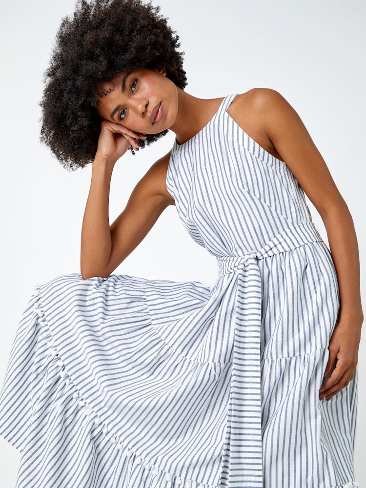 Roman Blue & White Tiered Cotton Halter Neck Stripe Dress - Image 5 of 5