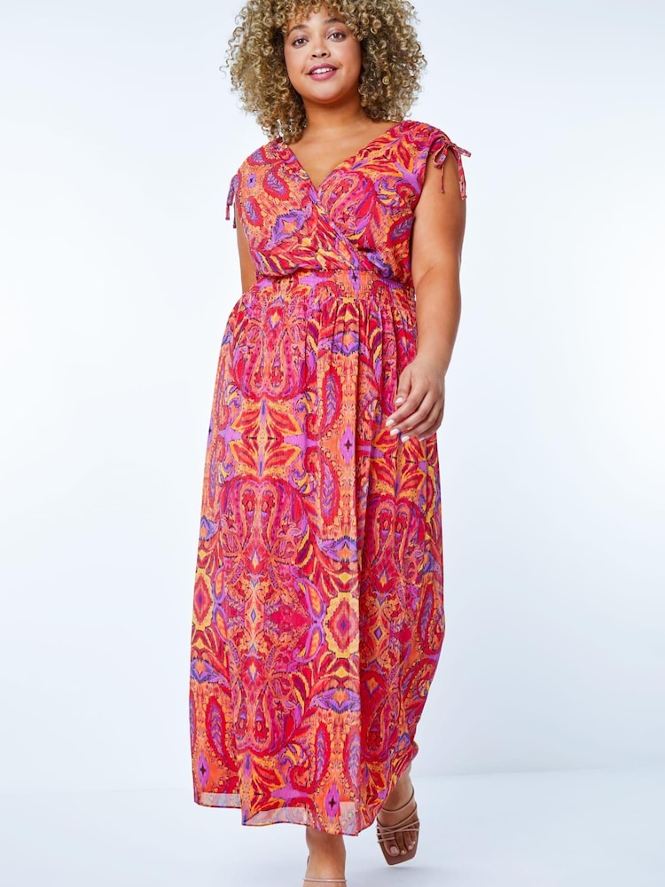 Roman Red & Pink Curve Shirred Waist Maxi Dress - Image 1 of 5