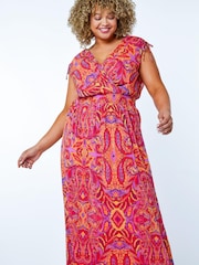 Roman Red & Pink Curve Shirred Waist Maxi Dress - Image 2 of 5
