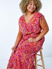 Roman Red & Pink Curve Shirred Waist Maxi Dress - Image 5 of 5