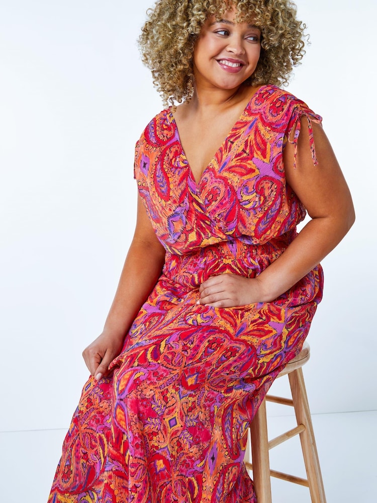 Roman Red & Pink Curve Shirred Waist Maxi Dress - Image 5 of 5