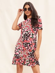 Friends Like These Pink Floral Print Short Sleeve Ruffle Hem Jersey Mini Dress - Image 1 of 4