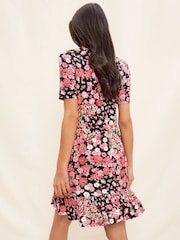 Friends Like These Pink Floral Print Short Sleeve Ruffle Hem Jersey Mini Dress - Image 4 of 4