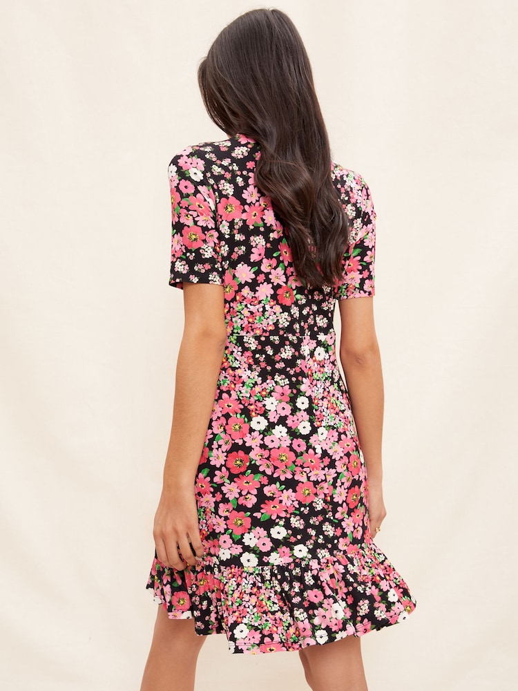 Friends Like These Pink Floral Print Short Sleeve Ruffle Hem Jersey Mini Dress - Image 4 of 4 Friends Like These Pink Floral Print Short Sleeve Ruffle Hem Jersey Mini Dress - Image 4 of 4