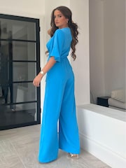 Girl In Mind Blue Tie Front Wide Leg Jumpsuit - Image 4 of 4