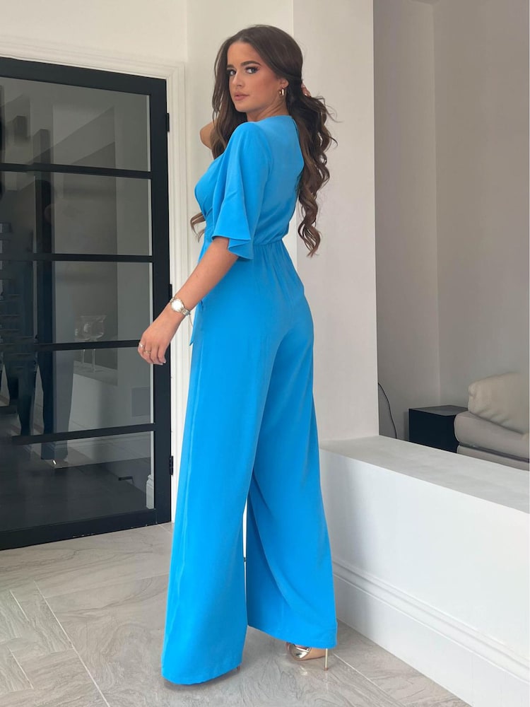 Girl In Mind Blue Tie Front Wide Leg Jumpsuit - Image 4 of 4