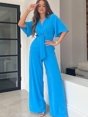 Girl In Mind Blue Petite Tie Front Wide Leg Jumpsuit - Image 1 of 1
