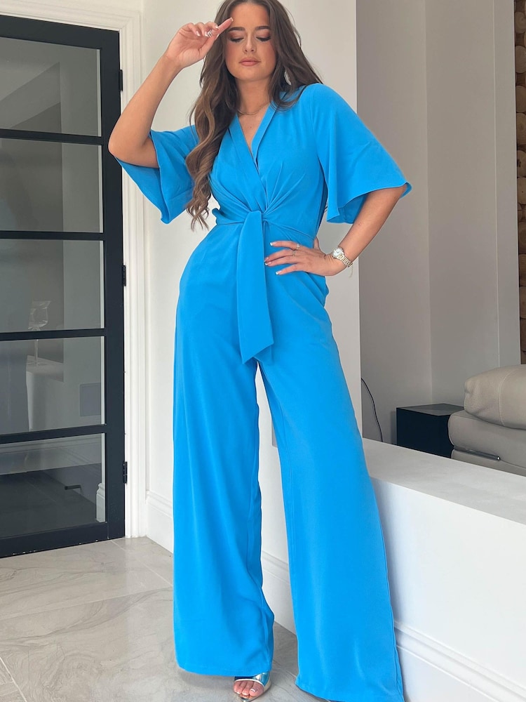 Girl In Mind Blue Petite Tie Front Wide Leg Jumpsuit - Image 1 of 1