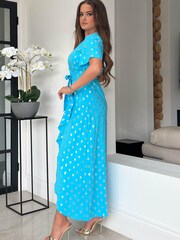 Girl In Mind Cyan Blue Metallic Spot Petite Farren Wrap Maxi Dress - Image 3 of 5