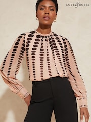 Love & Roses Ivory Mono Spot Printed Ruched High Neck Long Sleeve Chiffon Blouse - Image 1 of 4