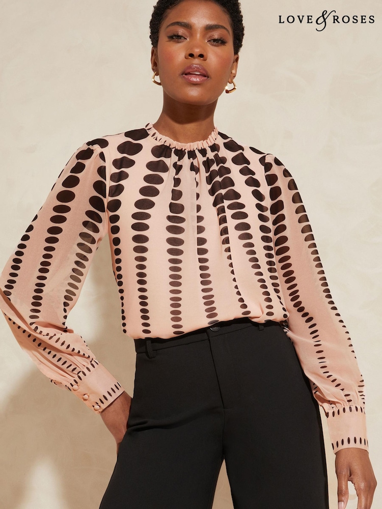 Love & Roses Ivory Mono Spot Printed Ruched High Neck Long Sleeve Chiffon Blouse - Image 1 of 4 Love & Roses Ivory Mono Spot Printed Ruched High Neck Long Sleeve Chiffon Blouse - Image 1 of 4