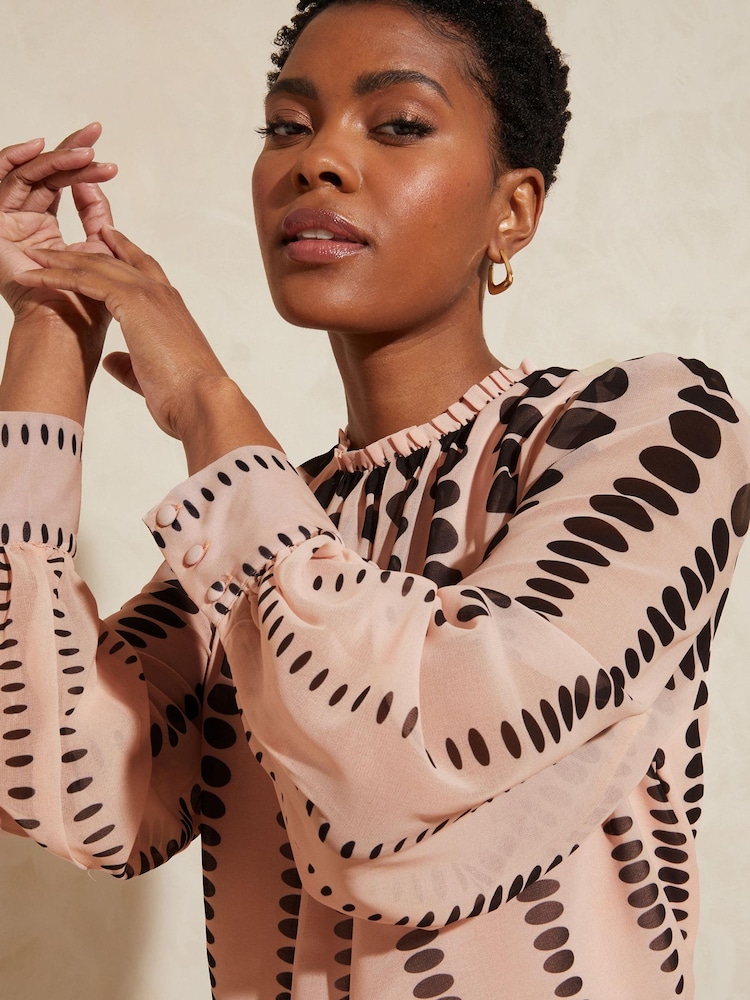 Love & Roses Ivory Mono Spot Printed Ruched High Neck Long Sleeve Chiffon Blouse - Image 2 of 4 Love & Roses Ivory Mono Spot Printed Ruched High Neck Long Sleeve Chiffon Blouse - Image 2 of 4