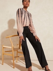 Love & Roses Ivory Mono Spot Printed Ruched High Neck Long Sleeve Chiffon Blouse - Image 4 of 4