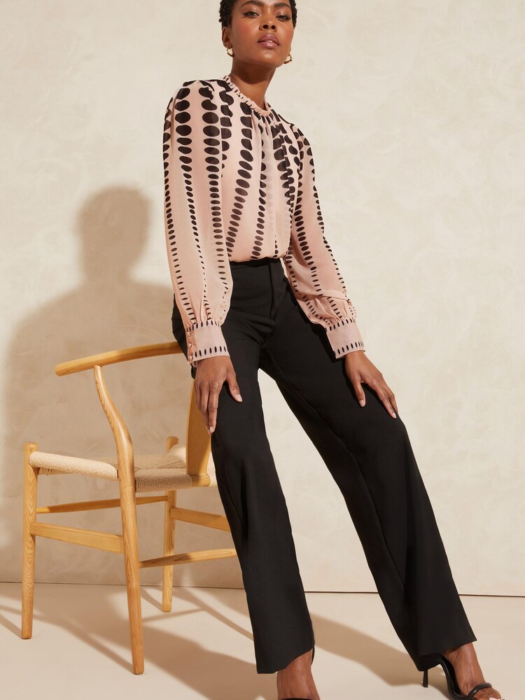 Love & Roses Ivory Mono Spot Printed Ruched High Neck Long Sleeve Chiffon Blouse - Image 4 of 4
