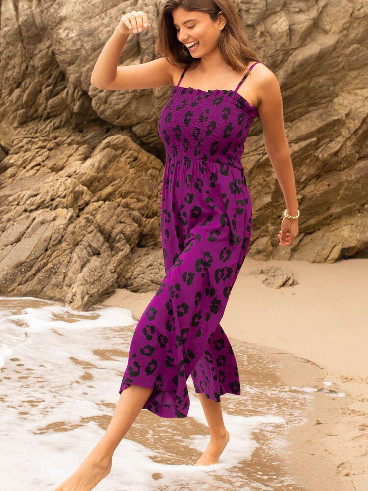 Pour Moi Purple Leopard Print Shirred Bodice Culotte Jumpsuit - Image 1 of 1