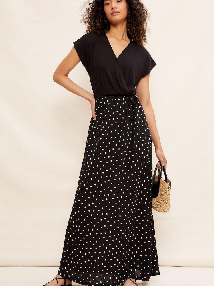 Friends Like These Black/Camel Animal Short Sleeve Wrap V Neck Tie Waist Summer Maxi Dress - Image 2 of 4