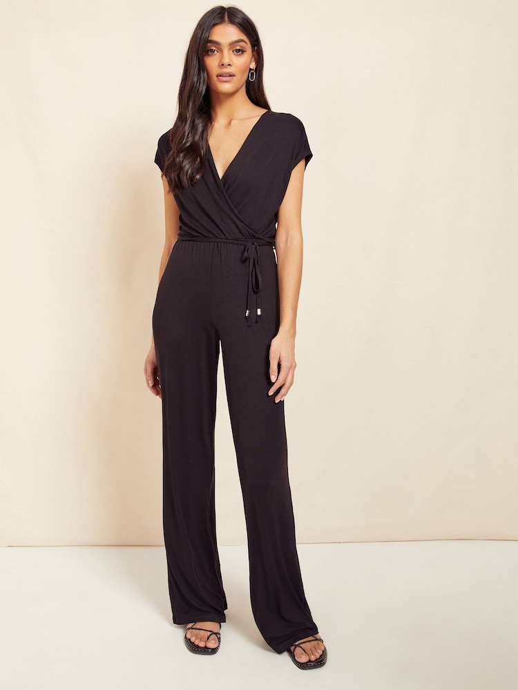 Friends Like These Black Jersey Wide Leg Wrap Style V Neck Summer Jumpsuit - Image 1 of 4