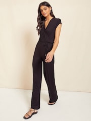 Friends Like These Black Jersey Wide Leg Wrap Style V Neck Summer Jumpsuit - Image 3 of 4