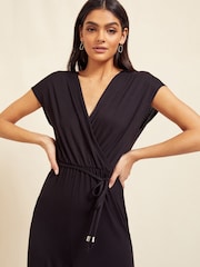 Friends Like These Black Jersey Wide Leg Wrap Style V Neck Summer Jumpsuit - Image 4 of 4