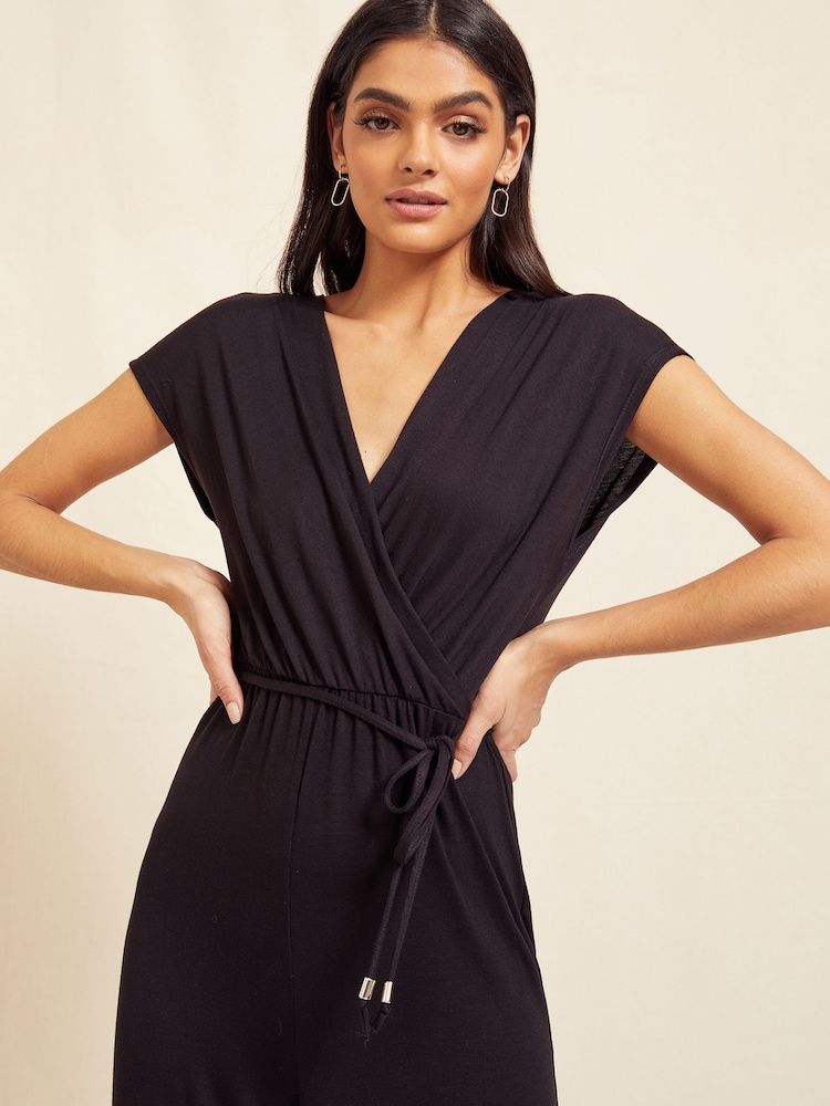 Friends Like These Black Jersey Wide Leg Wrap Style V Neck Summer Jumpsuit - Image 4 of 4