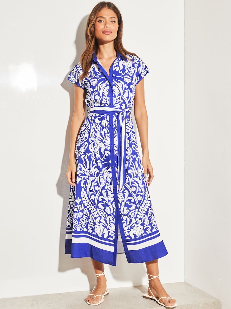 Lipsy Blue Tile Print Sleeveless Belted Midi Shirt Dress - Image 1 of 4 Lipsy Blue Tile Print Sleeveless Belted Midi Shirt Dress - Image 1 of 4