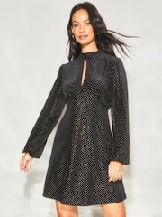 Lipsy Black Hotfix Velvet Long Sleeve High Neck Key Hole Mini Dress - Image 1 of 4