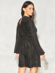 Lipsy Black Hotfix Velvet Long Sleeve High Neck Key Hole Mini Dress - Image 2 of 4