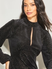 Lipsy Black Hotfix Velvet Long Sleeve High Neck Key Hole Mini Dress - Image 4 of 4