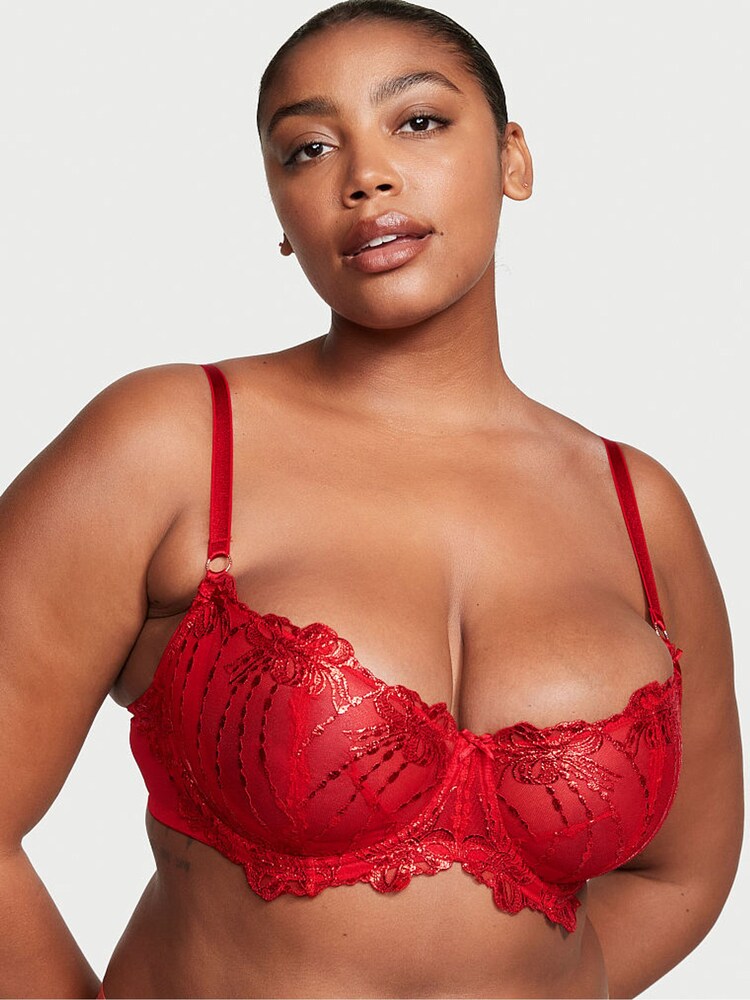 Victoria's Secret Lipstick Embroidery Red Balcony Bra - Image 1 of 4