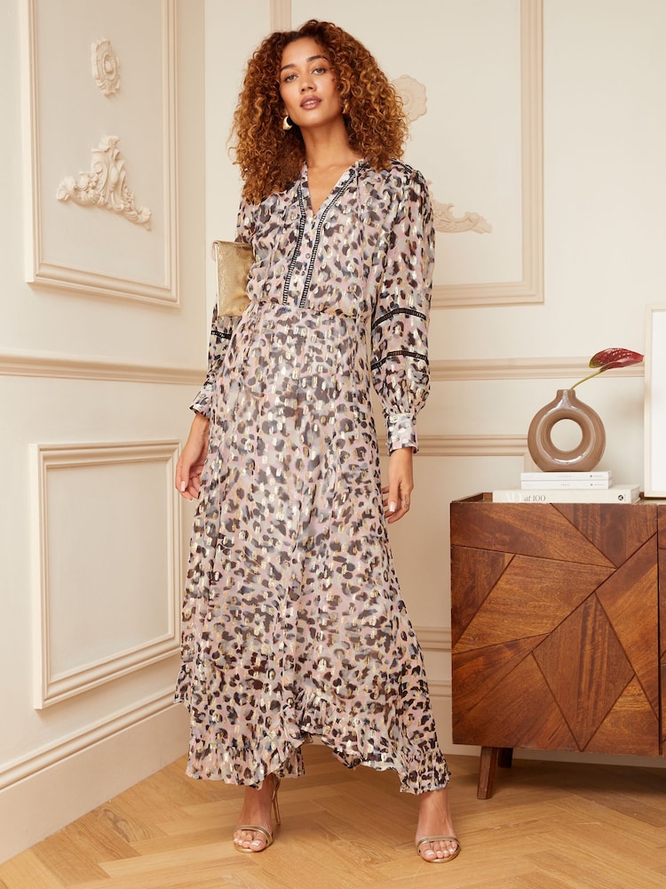 Love & Roses Pink Animal Metallic Petite Ruffle Tie Neck Lace Trim Long Sleeve Maxi Dress - Image 4 of 4