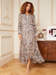 Love & Roses Pink Animal Metallic Ruffle Tie Neck Lace Trim Long Sleeve Maxi Dress - Image 1 of 4
