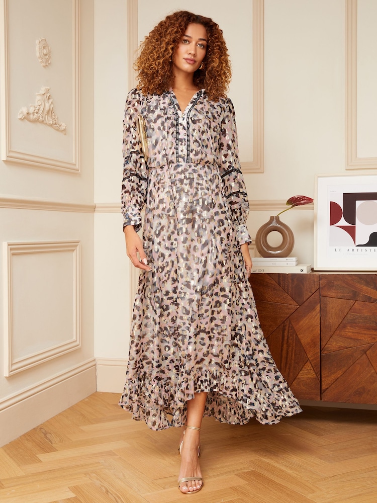 Love & Roses Pink Animal Metallic Ruffle Tie Neck Lace Trim Long Sleeve Maxi Dress - Image 1 of 4