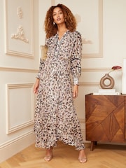 Love & Roses Pink Animal Metallic Ruffle Tie Neck Lace Trim Long Sleeve Maxi Dress - Image 4 of 4