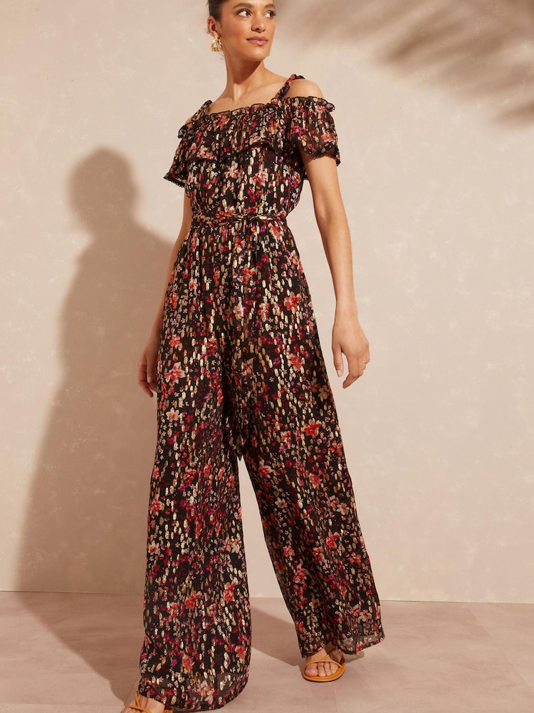 Love & Roses Black Floral Metallic Printed Off Shoulder Cami Bardot Jumpsuit - Image 1 of 4
