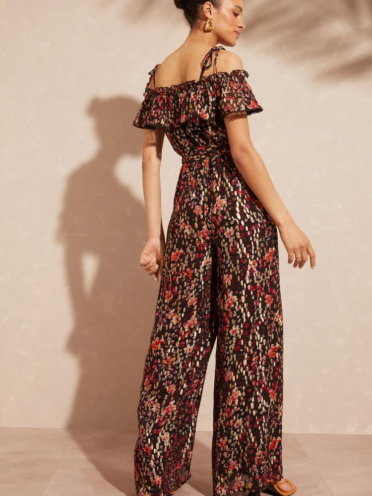 Love & Roses Black Floral Metallic Printed Off Shoulder Cami Bardot Jumpsuit - Image 2 of 4 Love & Roses Black Floral Metallic Printed Off Shoulder Cami Bardot Jumpsuit - Image 2 of 4
