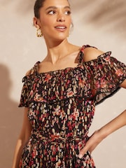 Love & Roses Black Floral Metallic Printed Off Shoulder Cami Bardot Jumpsuit - Image 3 of 4