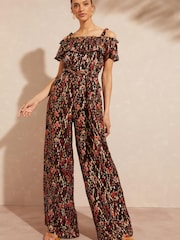 Love & Roses Black Floral Metallic Printed Off Shoulder Cami Bardot Jumpsuit - Image 4 of 4
