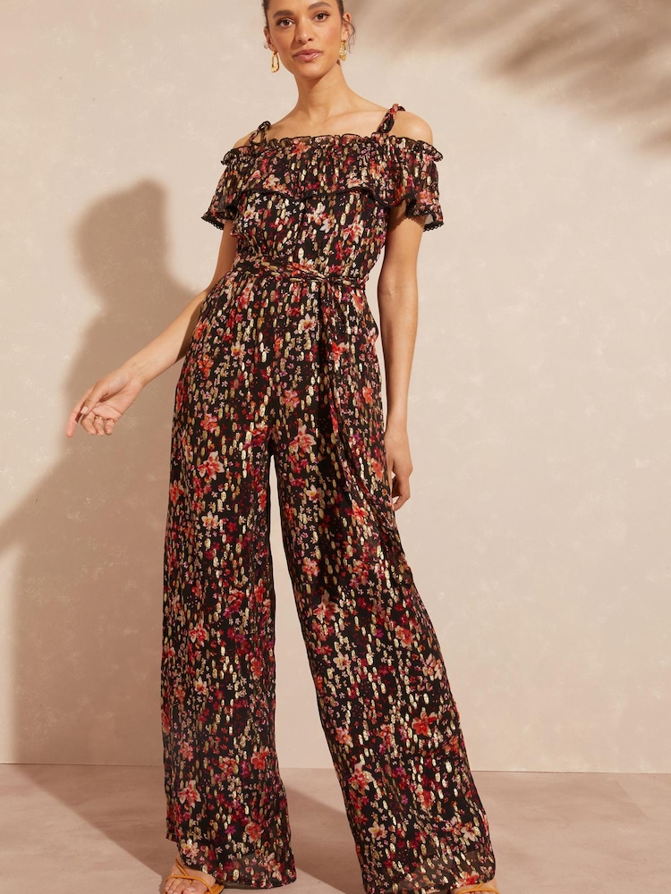 Love & Roses Black Floral Metallic Printed Off Shoulder Cami Bardot Jumpsuit - Image 4 of 4 Love & Roses Black Floral Metallic Printed Off Shoulder Cami Bardot Jumpsuit - Image 4 of 4